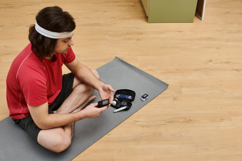 Healthy person checking blood sugar while